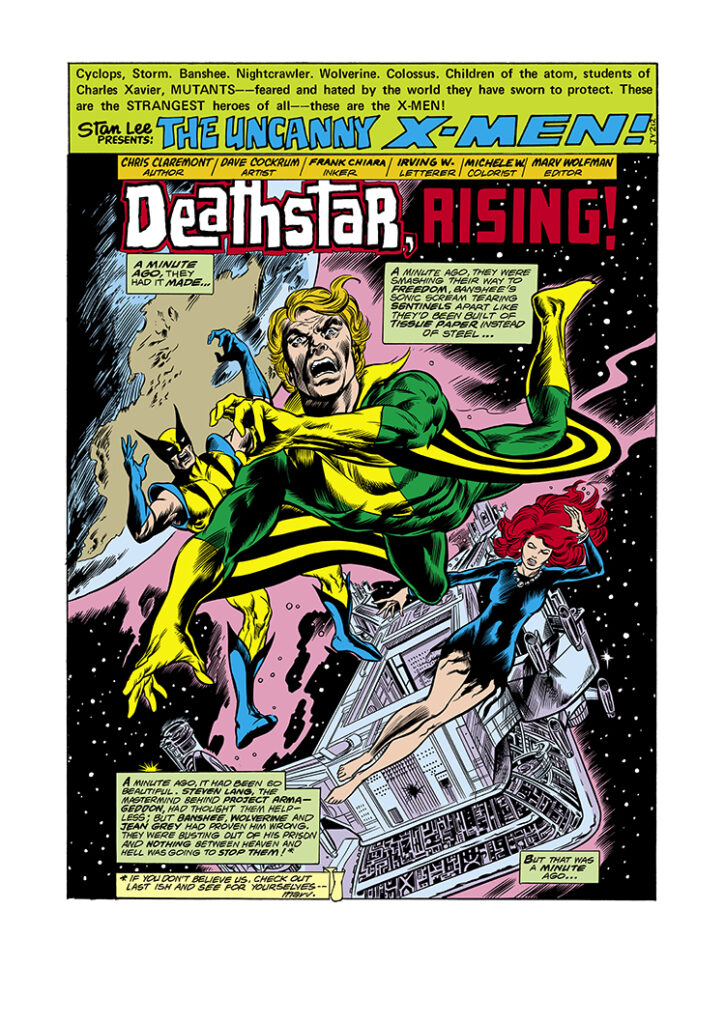 X-Men #99, pg. 1; pencils, Dave Cockrum; inks, Frank Chiaramonte; Deathstar Rising splash page, Chris Claremont, writer, Wolverine, Logan, Banshee in outer space, Jean Grey