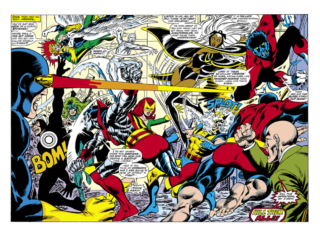 X-Men #100, pgs. 2-3; pencils and inks, Dave Cockrum X-Men #100, pgs. 2-3; pencils and inks, Dave Cockrum; double-page spread, Colossus, Havok, Polaris, Cyclops, Banshee vs. Angel, Wolverine, Marvel Girl, Jean Grey, Iceman, Storm, Charles Xavier