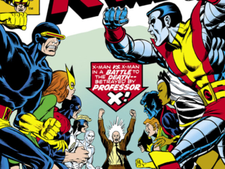 X-Men #100 cover; pencils and inks, Dave Cockrum X-Men #100 cover; pencils and inks, Dave Cockrum; X-Man vs. X-Man in a battle to the death, betrayed by Professor Xavier, Cyclops vs. Colossus, Marvel Girl/Jean Grey vs. Storm, Beast vs. Nightcrawler, Angel vs. Banshee, Iceman vs. Wolverine