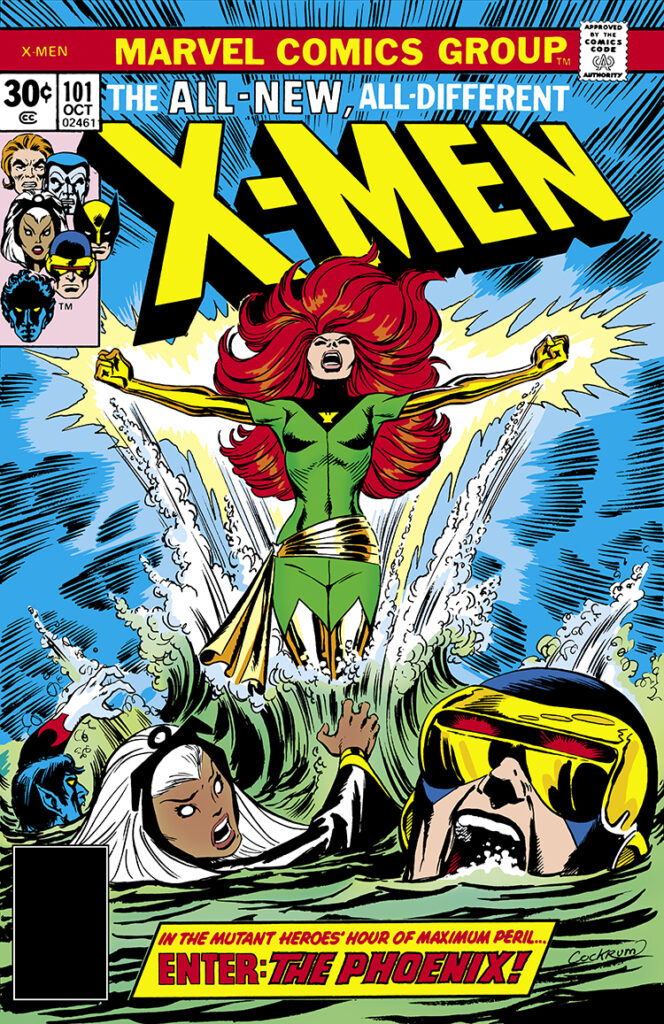 X-Men #101 cover; pencils and inks, Dave Cockrum; Enter the Phoenix, Storm, Cyclops, Nightcrawler