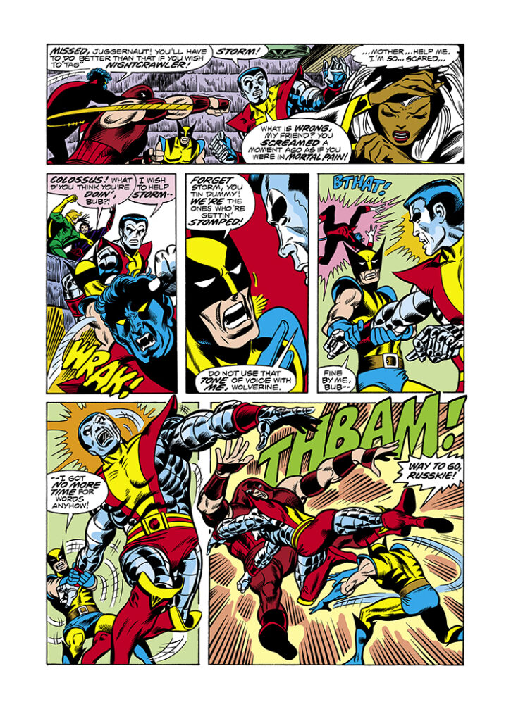 X-Men #102, pg. 3; pencils, Dave Cockrum; inks, Sam Grainger; Juggernaut, Storm, Colossus, Wolverine, Nightcrawler