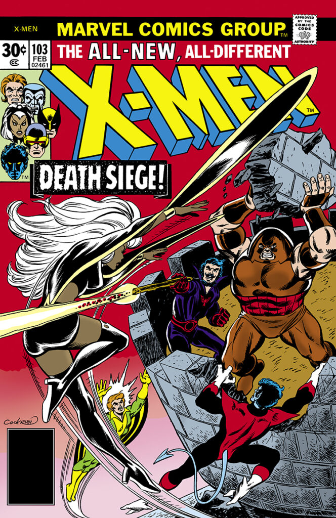 X-Men #103 cover; pencils and inks, Dave Cockrum; Death Siege, Storm, castle, Black Tom Cassidy, Juggernaut, Banshee, Nightcrawler