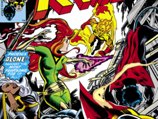 X-Men #105 cover; pencils and inks, Dave Cockrum; The Flame, The Frenzy, and Firelord, Phoenix Alone, Storm, Nightcrawler
