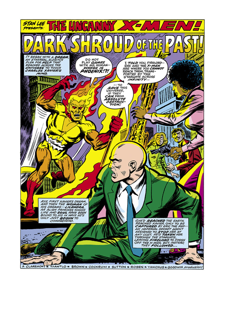 X-Men #106, pg. 1; pencils, Dave Cockrum; inks, Tom Sutton; Dark Shroud of the Past, splash page, Chris Claremont, Uncanny, Stan Lee Presents, Misty Knight, Firebird, Professor Xavier, John Gray, Elaine Gray