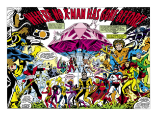 X-Men #107, pgs. 2-3; pencils, Dave Cockrum; inks, Dan Green; Where No X-Man Has Gone Before, double-page spread; first appearance of Imperial Guard, Gladiator, Astra, Electron, Fang, Hobgoblin, Impulse, Magic, Mentor, Nightside, Oracle, Quasar, Smasher, Starbolt, Tempest, Titan, Midget, M&rsquo;Kraan Crystal