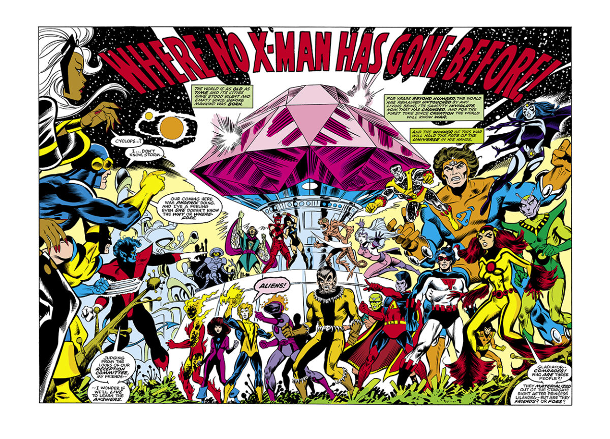 X-Men #107, pgs. 2-3; pencils, Dave Cockrum; inks, Dan Green; Where No X-Man Has Gone Before, double-page spread; first appearance of Imperial Guard, Gladiator, Astra, Electron, Fang, Hobgoblin, Impulse, Magic, Mentor, Nightside, Oracle, Quasar, Smasher, Starbolt, Tempest, Titan, Midget, M’Kraan Crystal