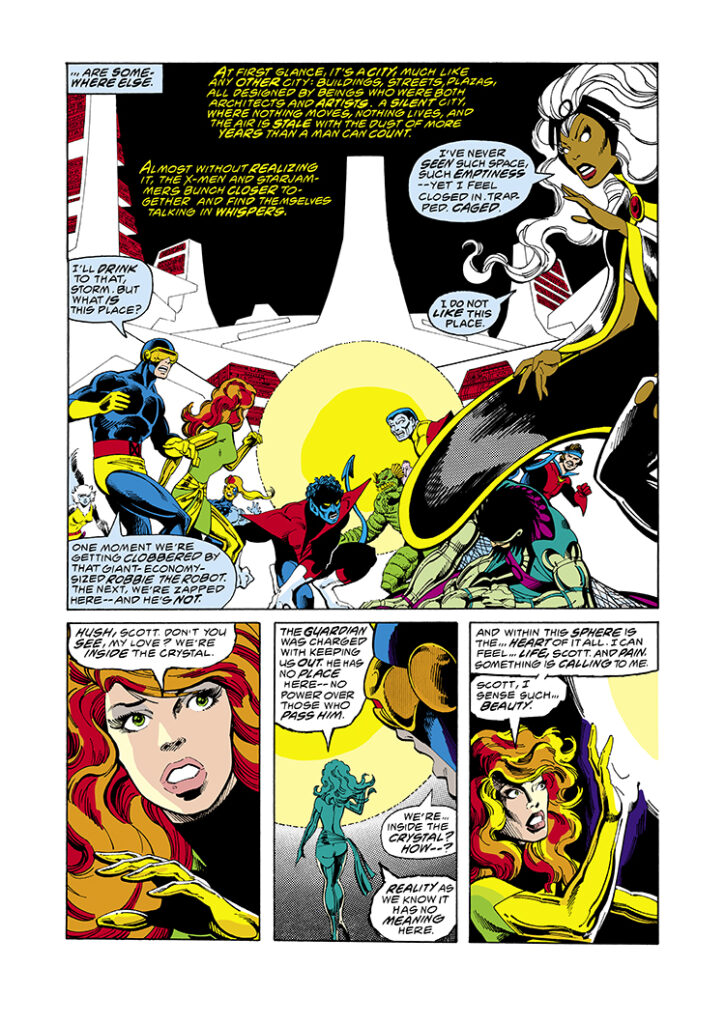 X-Men #108, pg. 9; pencils, John Byrne; inks, Terry Austin; Cyclops, Phoenix, Storm, Colossus, Starjammers, Corsair, Ch’od, Cr’reee, Hepzibah, Raza