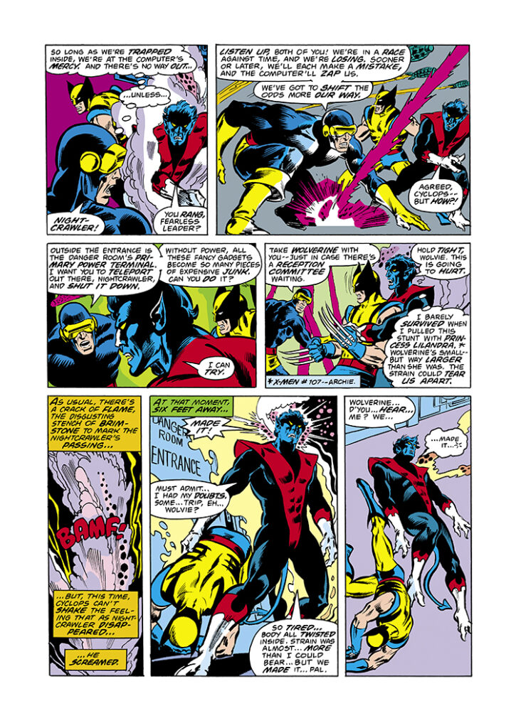 X-Men #110, pg. 10; pencils and inks, Tony DeZuniga; Nightcrawler, Wolverine, Cyclops, Danger Room, Warhawk