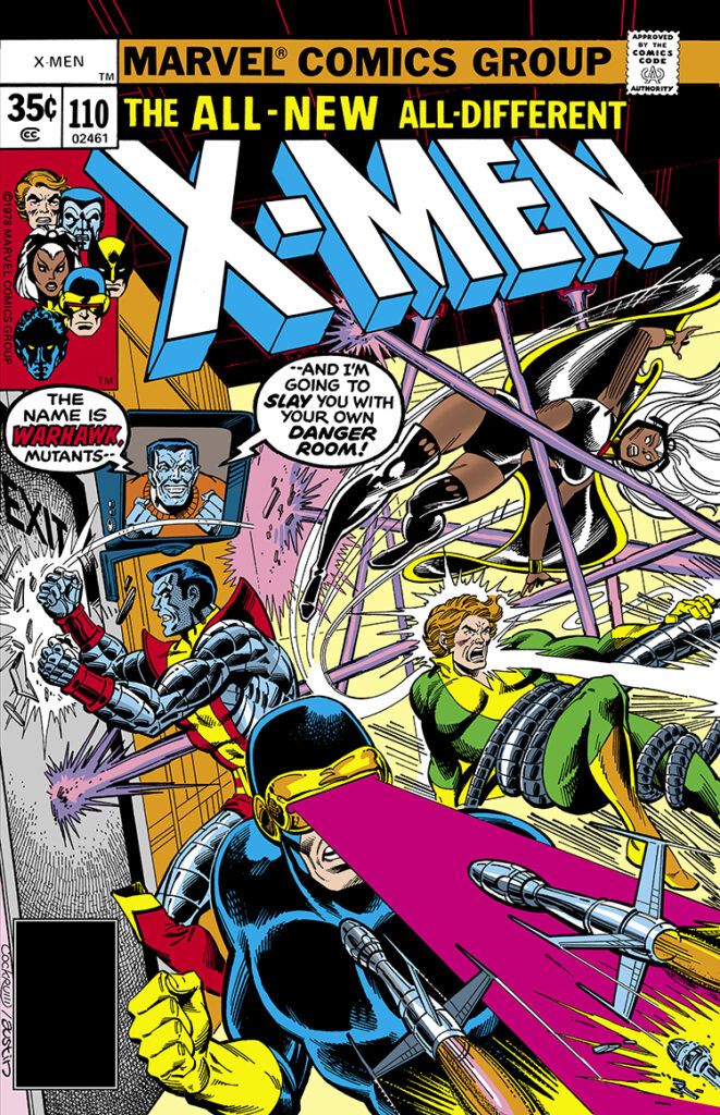 X-Men #110 cover; pencils, Dave Cockrum; inks, Terry Austin; The name is Warhawk and I’m going to slay you with your own Danger Room, Cyclops